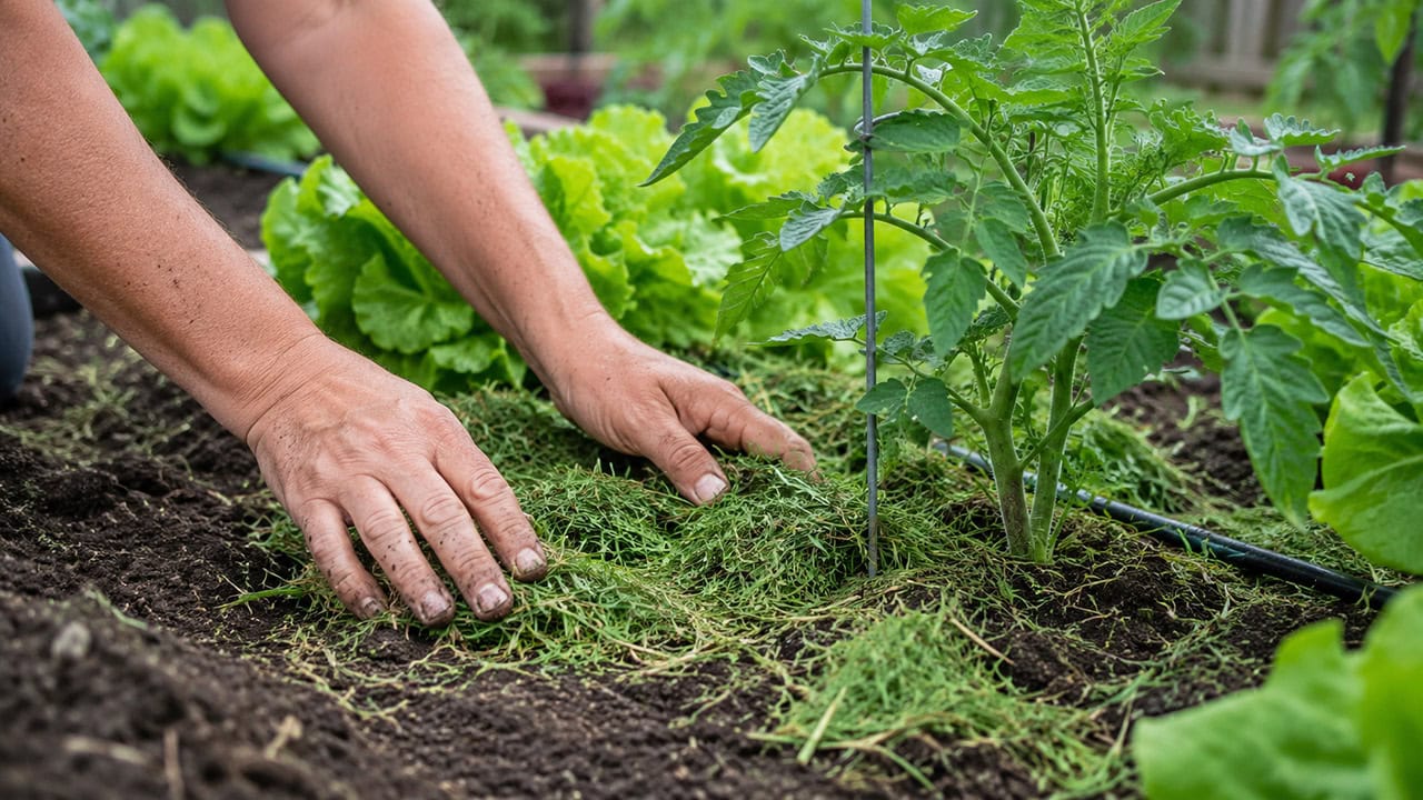 Hands spreading a thin layer of grass clippings around the base of vegetable plants