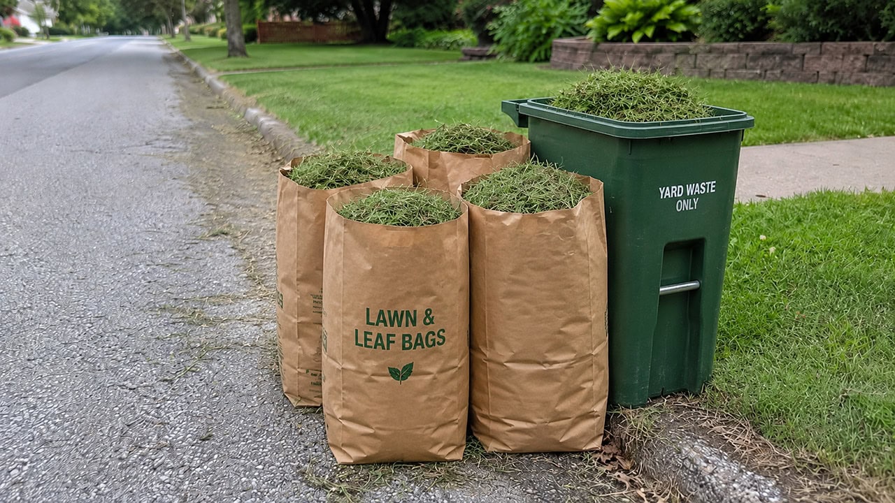 Several large bags of grass clippings sitting at the curb of a suburban street