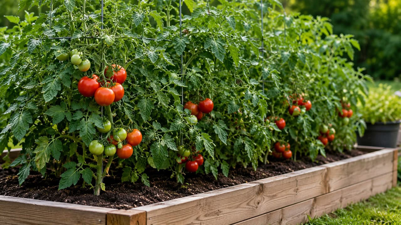 Lush, dark-green tomato plants loaded with fruit in a raised garden bed